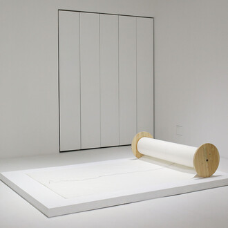 Qin Yufen, b.1954, Extension, 2014, Xuan paper, electrical wire, wooden axle, 160 x 50 x 50 cm (63 x 19 ¾ x 19 ¾ in