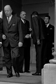 Leopold Sedar Senghor, Senegalese president, leaving Elysee, Paris, with Jacques Foccart, 8 May, 1964