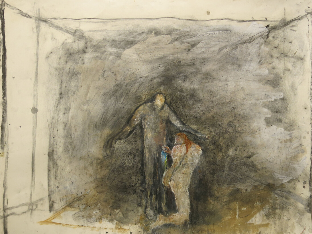 June Leaf, Woman Drawing Man, 2013-2014, Mixed media on paper, 22h x 28.25w in.