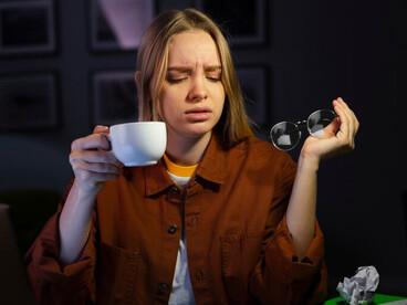 A woman working on her laptop at night, fueled by coffee, caught in the cycle of hustle culture and burnout