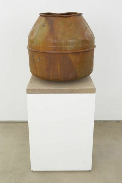 Alexandre da Cunha, Full Catastrophe (drum XIV), 2013, cement mixer drum, concrete, wooden plinth, plinth and object: 57.5 x 23.5 x 23.5 in. / 146.05 x 59.69 x 59.69 cm, object: 23.5 x 22.75 x 22.75 in. / 59.69 x 57.79 x 57.79 cm, Images courtesy the artist and CRG Gallery, New York