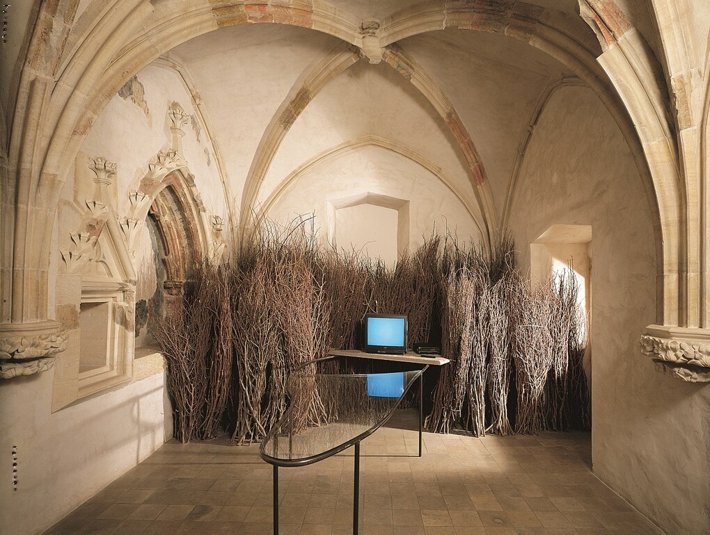 Mario Merz, Foresta con video sul sentiero, 1995, metal structure, glass, branches, monitor, video Lumaca, 1970 by Gerry Schum, Private collection, Photo Hana Hamplova, Courtesy GHMP Dum U Zvonu, Praha
