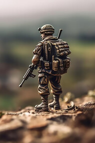 Toy soldiers aiming rifles on battlefield outdoors