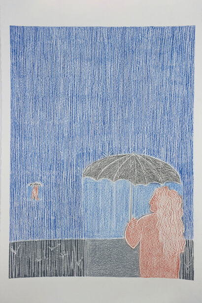 Louis M Schmidt, Eternally Returning, Eternally Apart/ The Conspiracies of (Human) Nature (for Edvard Munch), 2020, Colored pencil burnished over lines pressed into paper, 22” x 30”