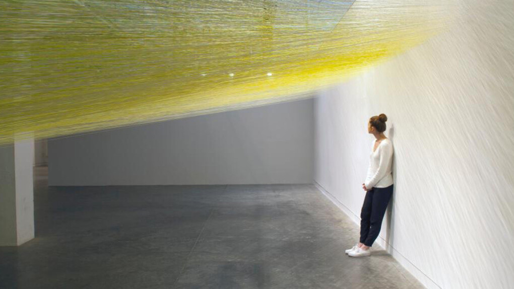 Anne Lindberg, "the long sun" installation view at Contemporary Art Museum Raleigh, 2017; cotton thread and staples; 192 x 420 x 108 in. Courtesy of the artist. Photo: Derek Porter.
