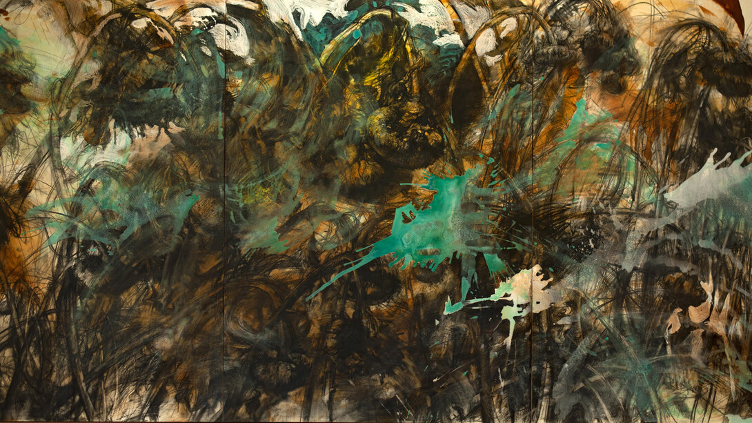Victor Wang, Symphony of Sunflowers, 2023, charcoal, oil paint on panel, 60x126 inches. Courtesy of the artist and Duane Reed Gallery