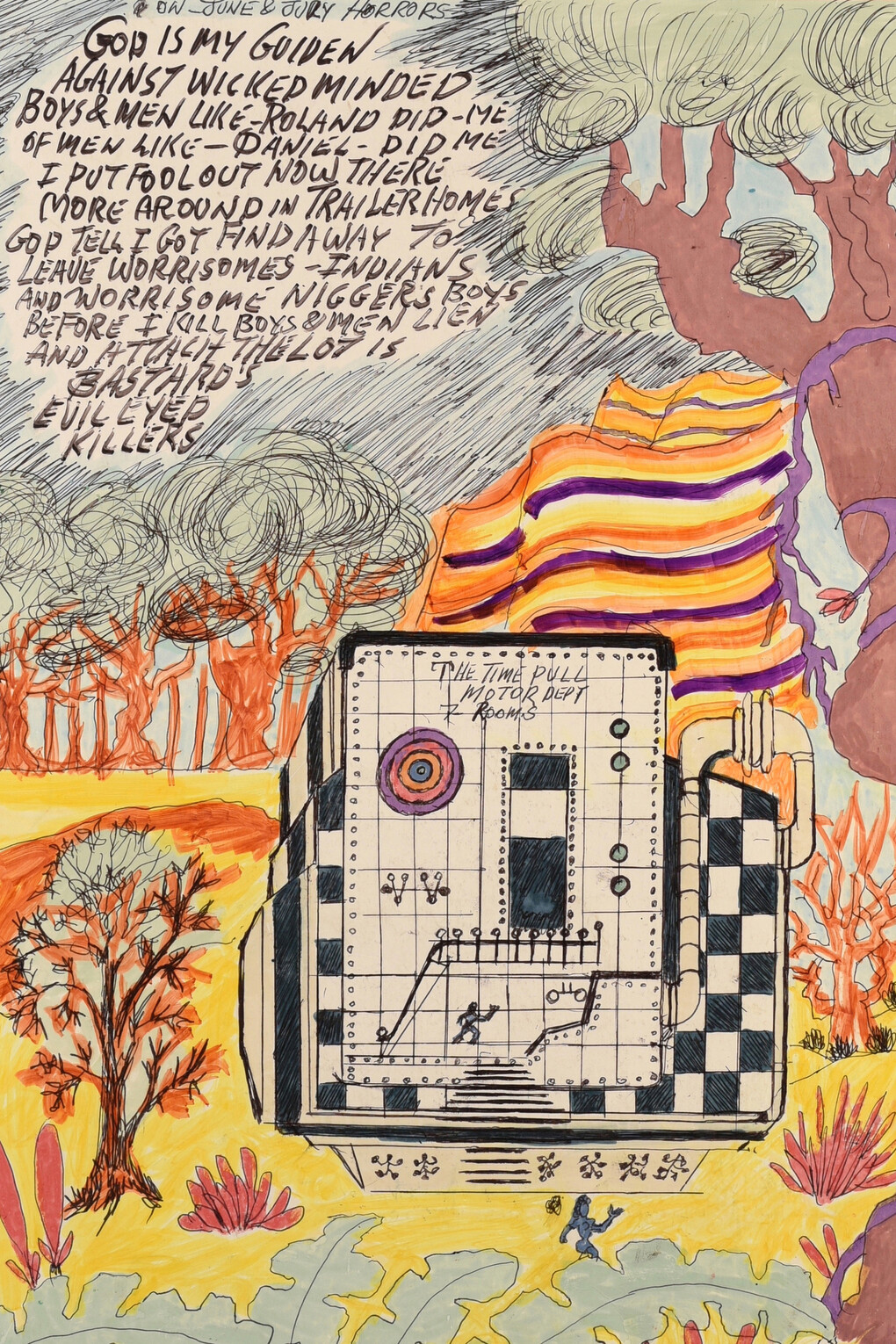 Prophet Royal Robertson
"The Time Pull Motor Dept", 1991 (PRR/P 081)
marker, ball point pen and enamel paint on poster board/ Markerstift, Kugelschreiber und Emailelck auf Plakatpappe
71 x 56 cm

Courtesy Delmes & Zander, Cologne/ Berlin. Detail
 
