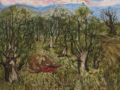 Elina Merenmies, Pilgrims, 2016, tempera and oil on canvas, 30 x 38 cm. Image: Jussi Tiainen.