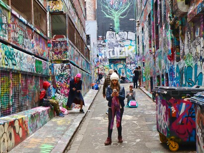 the famous bluestone and colorful path of Hosier Lane in Melbourne, Australia