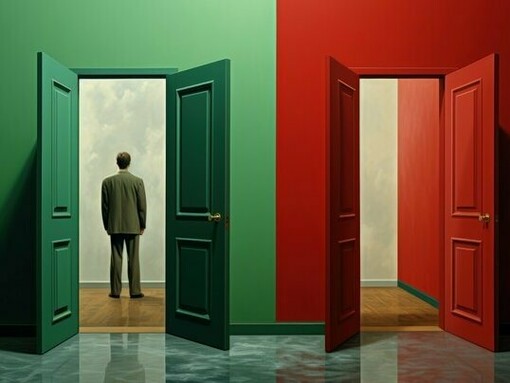 A man choosing one doorway as another remains open, symbolising the futures that must be abandoned to move forward