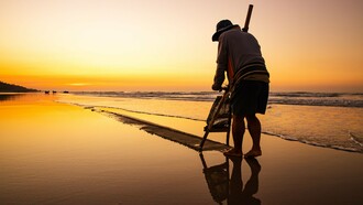 A solitary fisherman working along the water's edge at sunrise, symbolising the humble labour that replaced a future once imagined on the stage