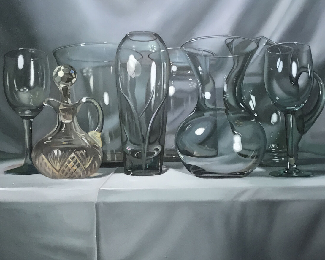 Caption for glass objects is: Margaret Morrison "Soda Lime Silica", 2017, Oil on canvas, 42 x 40 inches, 106.68 x 101.6 cm; Courtesy of Woodward Gallery, NYC