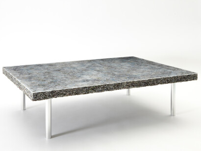 Jens Praet, Shredded Low Table, 2014, Production location: San Gimignano (Italy). Edition: Prototype for edition of 8 + 2AP + 2P. Materials: Shredded Paper (Art + Auction magazine leftovers), Resin, Aluminum, 13.7 x 53.1 x 39.3 in. (35 x 135 x 100 cm)