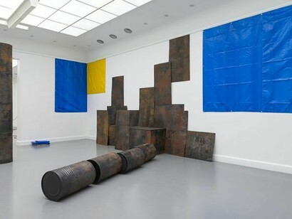 Sheela Gowda, Kagebangara, 2008, flattened tar drum sheets, tar drums, mica tar sheet, mica, tarpaulin, dimensions variable, Installation view at Van Abbemuseum, 2013, Image Courtesy: The Artist and Galleryske, © Peter Cox
