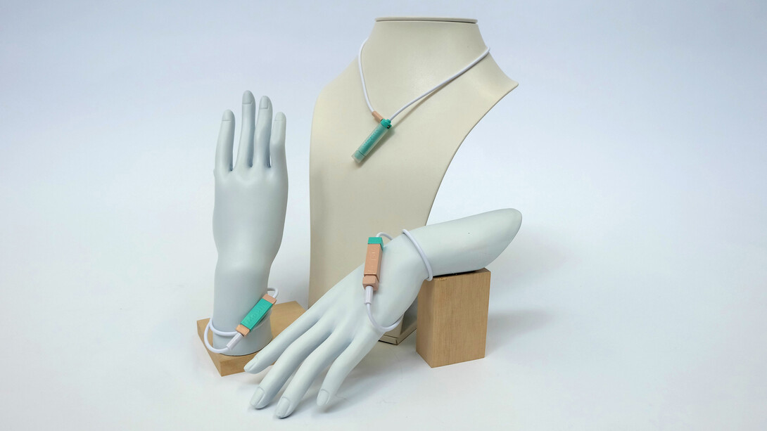 Neckace and bracelets are a wearable navigation system for people who are blind. Connected to a voice-controlled iPhone app and GPS, haptic vibrations not only guide the wearer, but are able to track obstacles above the knee.
