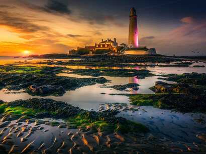 Pôr do sol no Farol de Santa Maria, Inglaterra. De certo, a humanidade encontrará um caminho como sempre aconteceu