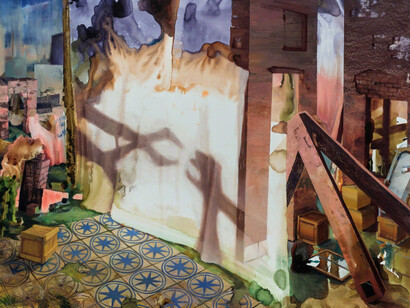 Shadow Puppets , 2017, Ink and oil on canvas, 44 × 56 in

