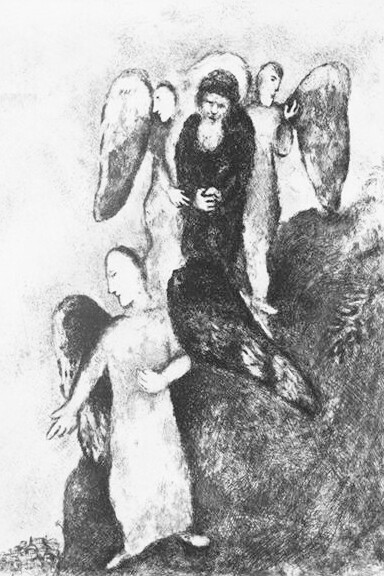 Marc Chagall, Abraham se acerca a Sodoma con tres ángeles (Génesis XVIII, 16), Serie Grabados para la Biblia (1956)