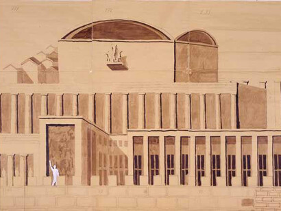 Giovanni Guerrini, La Roma di Mussolini (cartoni relativi al Palazzo dei Ricevimenti e dei Congressi), 1941, tempera su carta da spolvero, Roma, Archivio Centrale dello Stato