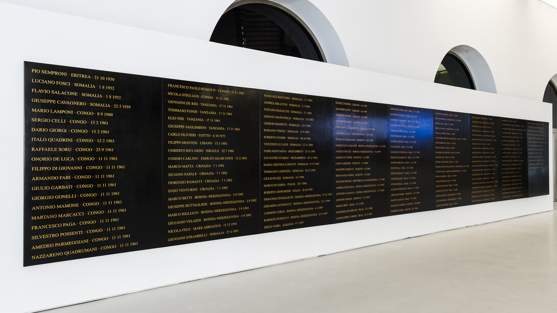 Flavio Favelli,
Gli Angeli degli Eroi,
Acrilico e smalto su pannello,
200 x 1.260 cm,
2015,
courtesy MAXXI,
foto Sebastiano Luciano
