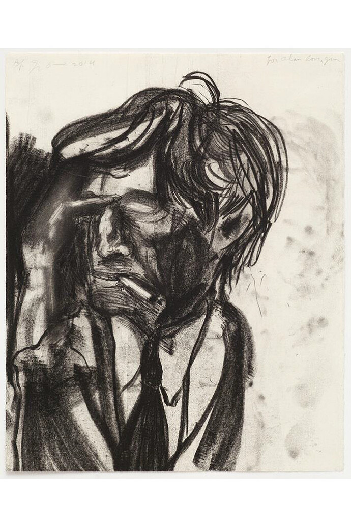 Jim Dine, Alan smoking at Sydney Close in the 90’s, 2014, Copper plate etching on Hahnemühle Copperplate warm white paper, Paper and image 46.7 x 37.4 cm, Image Courtesy Jim Dine and Alan Cristea Gallery, London