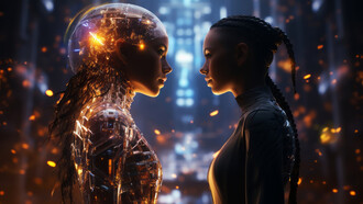 Explore a captivating illustrated rendering featuring twin avatars, delving into the realms of autonomous AI and the portrayal of robotics in films