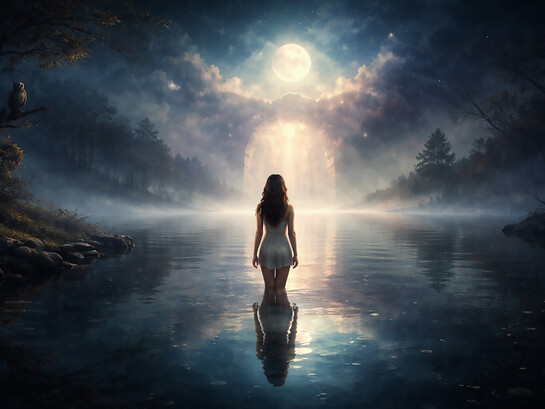 Standing at the threshold between water and sky, she faces the quiet language of the unconscious—where reflection becomes revelation and the path inward begins