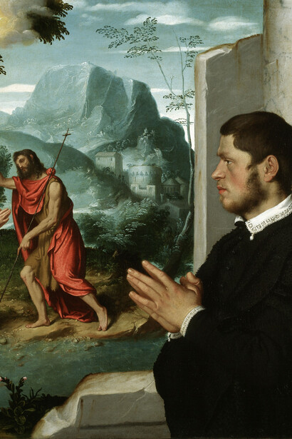 Giovanni Battista Moroni, A Gentleman in Adoration before the Baptism of Christ (detail), c.1555-60. Oil on canvas, 112.8 x 104 cm, Gerolamo and Roberta Etro. Photo Gerolamo and Roberta Etro