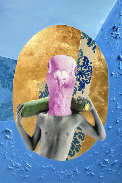 Michele Tombolini, Il migrante, 2021, mixed media on canvas, 140 x 100 cm © Michele Tombolini, Cris Contini Contemporary