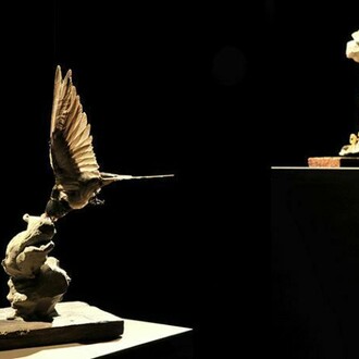 Polly Morgan, Foreground: In there somewhere
64 x 39 x 16 cm, Embalmed Swallow and Jesmonite. Background: Lightening Never Strikes Twice, 31 x 18 x 13 cm, Merlo Indian embalmed, pencil and paper