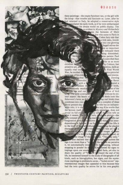 Coral Woodbury, Anni Albers, 2021, sumi ink on book page, 11.5x8.75 inches, courtesy of HackelBury Fine Art