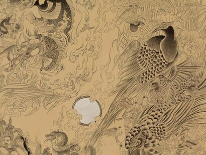Pema Rinzin, Auspicious Dream 2, 2013, Sumi ink, gold, stone pigment on wood, 36 x 96 inches. Images courtesy of Joshua Liner Gallery