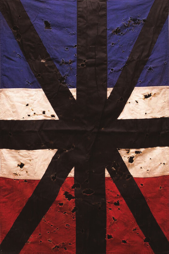 Frohawk Two Feathers, Battle Flag Of The Former Frenglish Empire, 2014, Cotton
54 x 33 inches