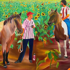 Navot Miller, Santi & Pedro in the sunflower field (detail), 2026. Courtesy of Yossi Milo Gallery
