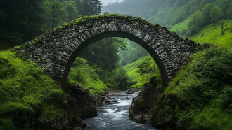 An ancient stone bridge rises gracefully over a flowing river, set in a misty green valley that evokes endurance and timeless connection