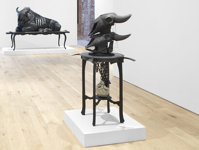 Cannupa Hanska Luger, American traditional, exhibition view. Courtesy of Garth Greenan Gallery