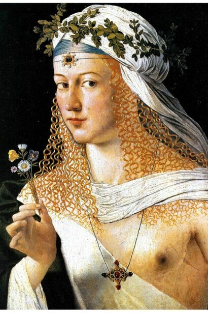 Bartolomeo Veneto, *Flora (presunto ritratto di Lucrezia Borgia)*, 1507-1510 ca. Francoforte sul Meno, Städelsches Institut.