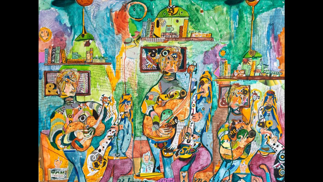 Devon Marinac, Aria 51 (Surf, Surge, Shore), 2023, watercolor, ink pen, and mixed media collage on paper, 30x40 inches (76.25x101.5 cm). Courtesy of the Artist and Marc Straus