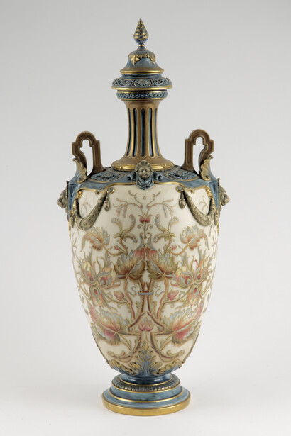 James Hadley, designer British, 1837–1903 Royal Worcester Porcelain Company, manufacturer British (Worcester), 1751–present Vase, 1889 Porcelain with enamel and gilded decoration 18 1/2 x 7 1/2 in. diam. (47 x 19.1 cm) Frick Art & Historical Center, 1986.90