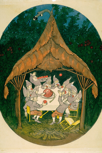 Berne-born Ernst Kreidolf was one of the founders of the modern picture book around 1900.Ernst Kreidolf, Die Wiesenzwerge essen Kirschen [The Meadow Dwarves Eat Cherries], pre-1903. Indian ink (quill), watercolour and opaque white. Berne Museum of Fine Arts, Verein Ernst Kreidolf. © 2018, ProLitteris, Zurich
