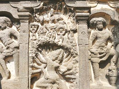 Ellora, Cave 16, illustrating Ravana shaking Mount Kailasa, is located within the Ellora site in Maharashtra, India, a Rashtrakuta-era complex celebrated for its grand rock-cut caves