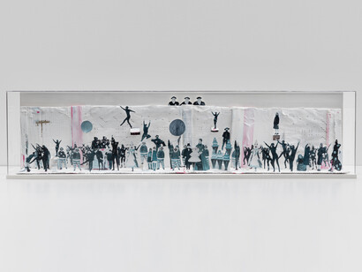 Marcel Dzama, The long blue line, 2013, Cardboard, tape, gouache, and graphite, Diorama: 14 x 56 1/8 x 7 inches (35.6 x 142.6 x 17.8 cm), Cardboard: 12 1/2 x 54 x 5 inches (31.8 x 137.2 x 12.7 cm). Courtesy David Zwirner, New York/London