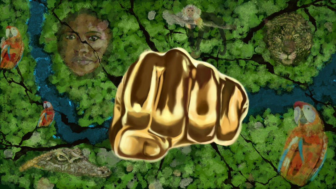 The image of a golden fist emerging from the middle of the Amazon forest shows the destruction of nature by mining, as well as the Amazon natives and many natural animal species by Paola Bilancieri