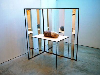 Adeline de Monseignat, Mother in Child, 2012, Vintage Fur, pillow filler, glass, transit blanket, steel, wood, mirror, Courtesy the artist and Ronchini Gallery (installation)