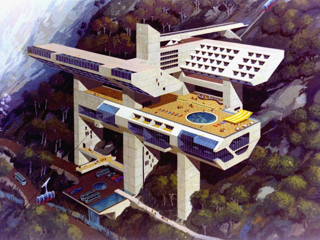 Miguel Rodrigo Mazuré. Hotel in Machu Picchu, Machu Picchu (Project). Perspective. © Archivo Miguel Rodrigo Mazuré