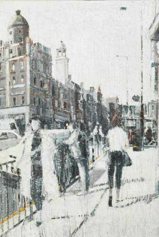 Jake Attree, b.1950, The Angel, Islington looking across Pentonville Road from Goswell Road, oil on panel, 122 x 92 cm, 48 x 361⁄4 in