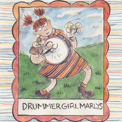 Drummer Girls Marlys, 2016, Ink, watercolor, crayon on paper, 9 1/2" x 8". Courtesy of Adam Baumgold