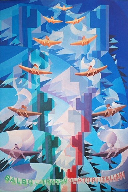 Giacomo Balla, Celeste metallico aeroplano
(Balbo e Trasvolatori italiani), 1931, Olio su compensato, 280 x 150 cm
Roma, Aeronautica Militare, Museo Storico © Giacomo Balla, by SIAE 2019
