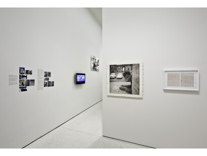 Emily Jacir, Material for a film, 2004, Multimedia installation, 3 sound pieces, 1 video, texts, photos, archival material, Devised in part with the support of La Biennale di Venezia.
Installation: The Hugo Boss Prize 2008: Emily Jacir, Solomon R. Guggenheim Museum, New York, photo: David Heald © Emily Jacir
