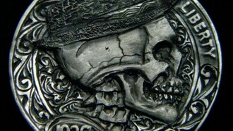 Hobo Nickel Skull with Scrolls Full Horn Hand carved by Robert Morris OHNS